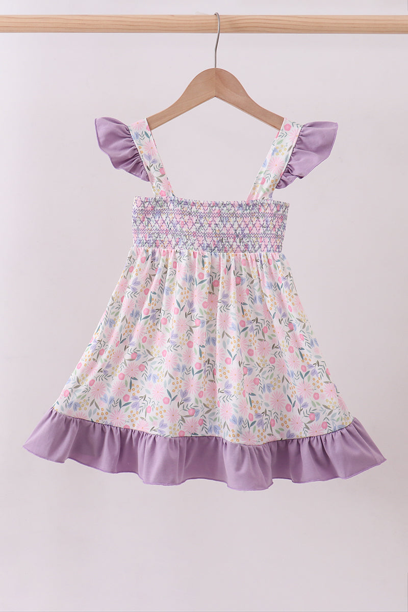 purple smocked dress Purple floral smocked ruffle dress – Honeydew USA