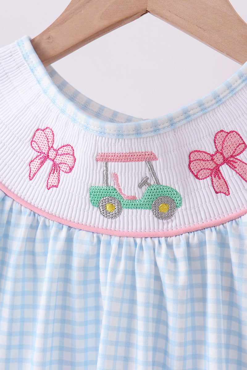 Blue golf cart smocked ruffle shorts set