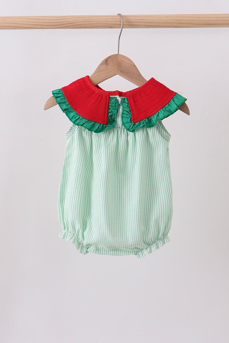 Green watermelon seersucker smocked ruffle bubble