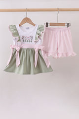 Pink farm animal embroidery ruffle shorts set