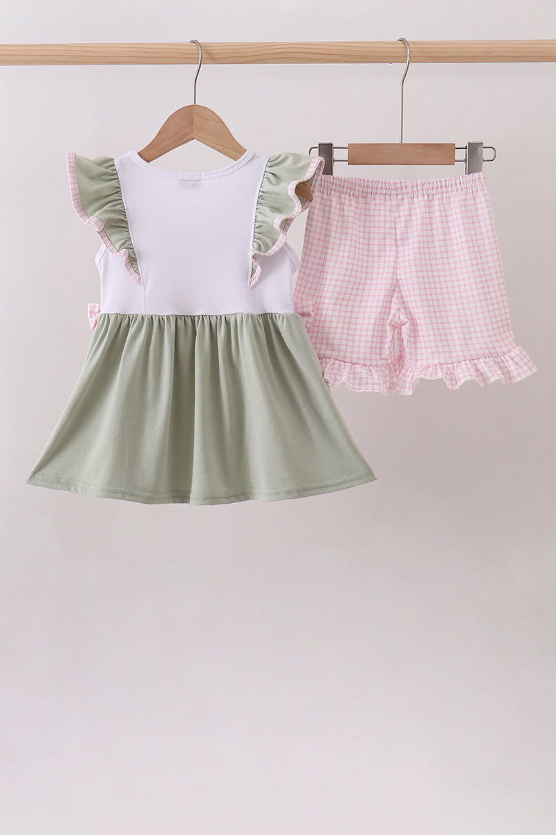 Pink farm animal embroidery ruffle shorts set