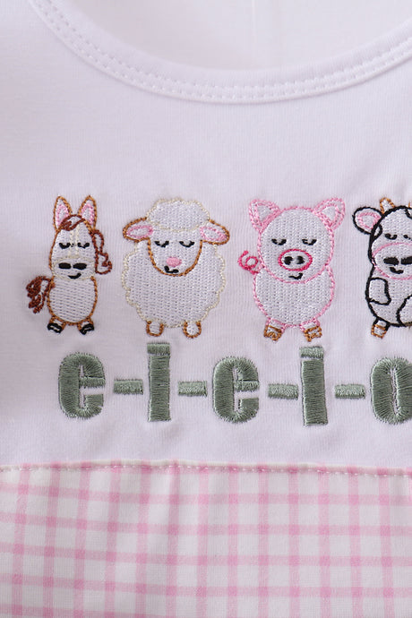 Pink farm animal embroidery ruffle dress