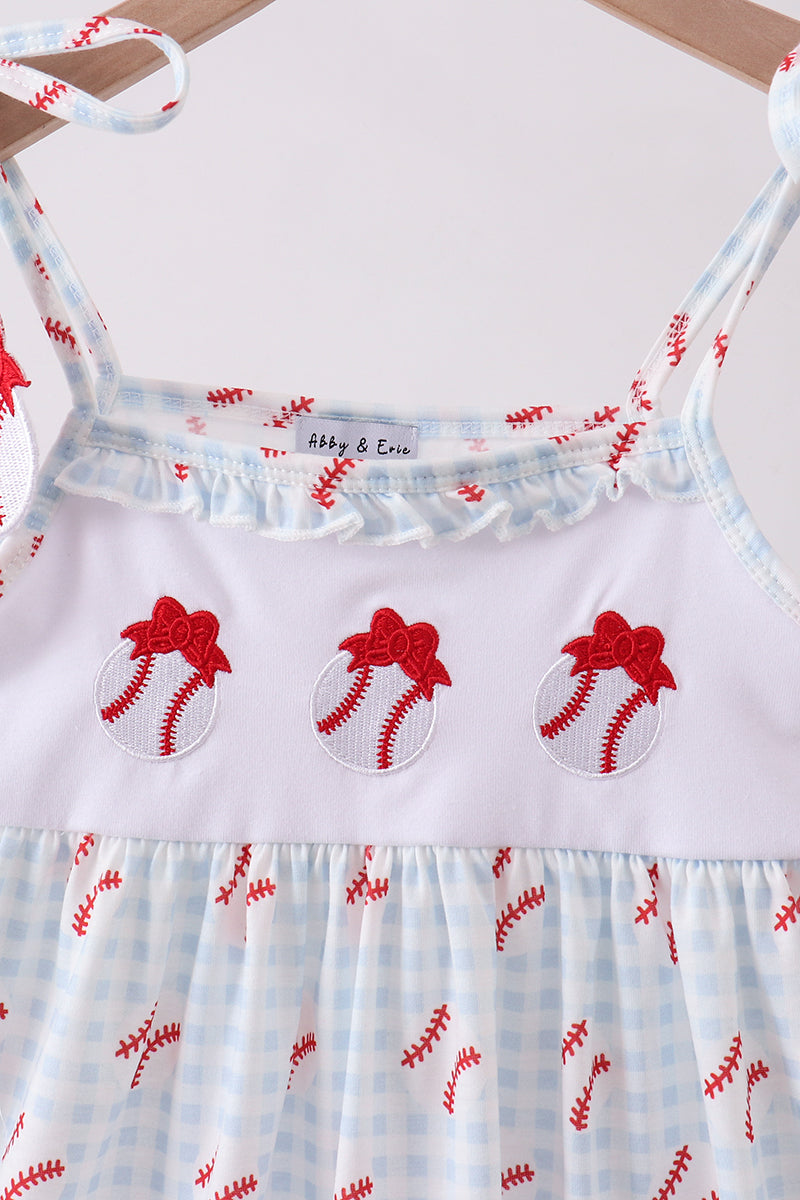 Baseball applique ruffle gingham dress