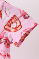 Pink bow baseball bamboo romper