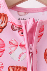 Pink bow baseball bamboo romper