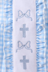 Blue cross bow embroidery ruffle gingham bubble