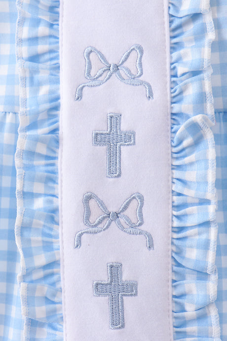Blue cross bow embroidery ruffle gingham bubble