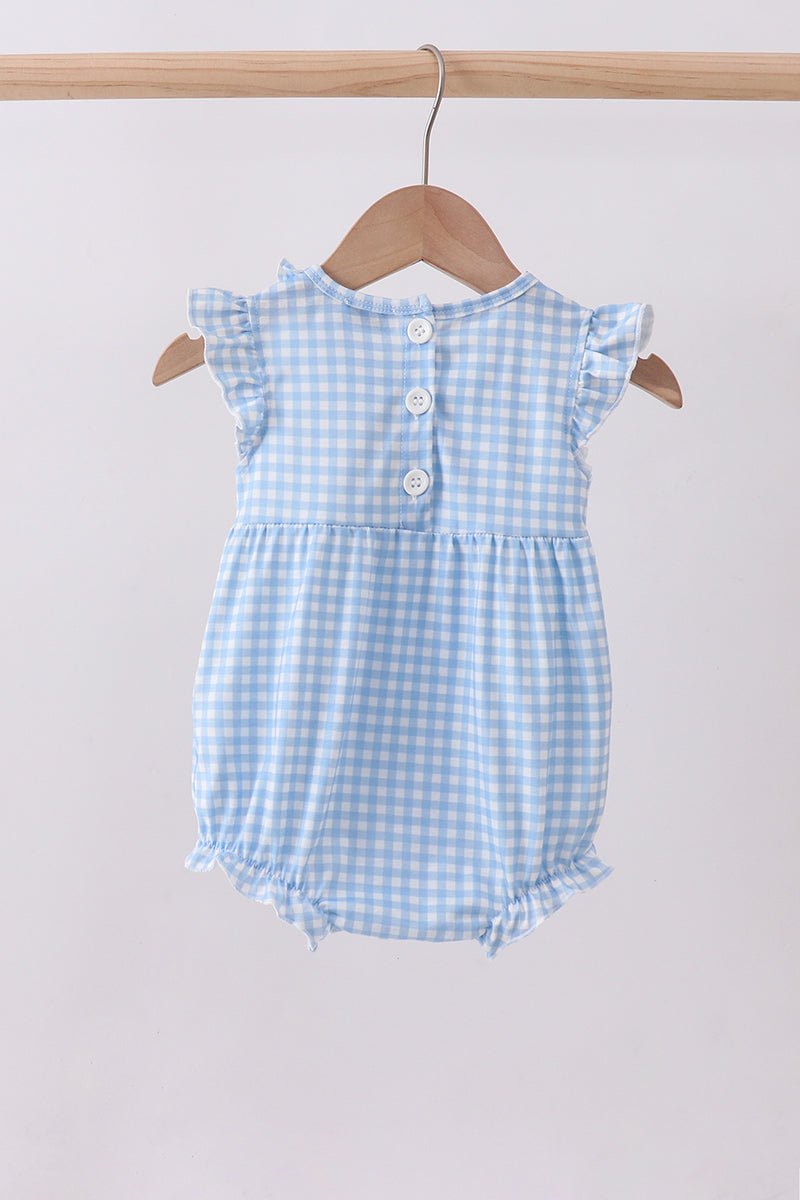 Blue cross bow embroidery ruffle gingham bubble