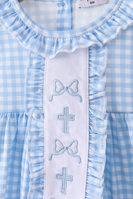 Blue cross bow embroidery ruffle gingham bloomer set