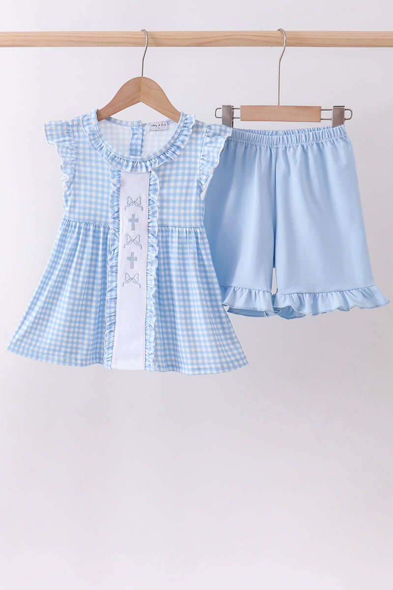 Blue cross bow embroidery ruffle gingham shorts set