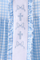 Blue cross bow embroidery ruffle gingham shorts set