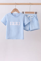 Blue cross embroidery gingham shorts set