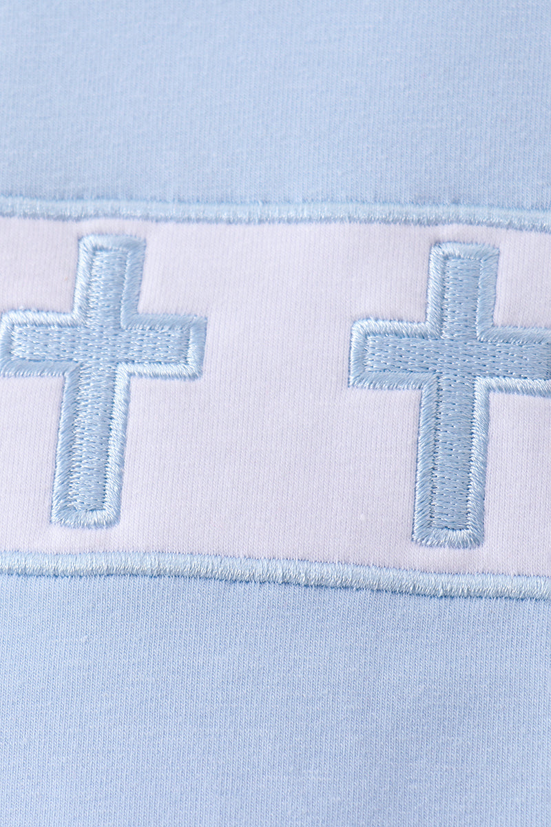 Blue cross embroidery gingham shorts set