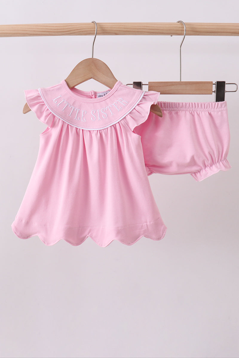 Pink litter sister embroidery ruffle bloomer set