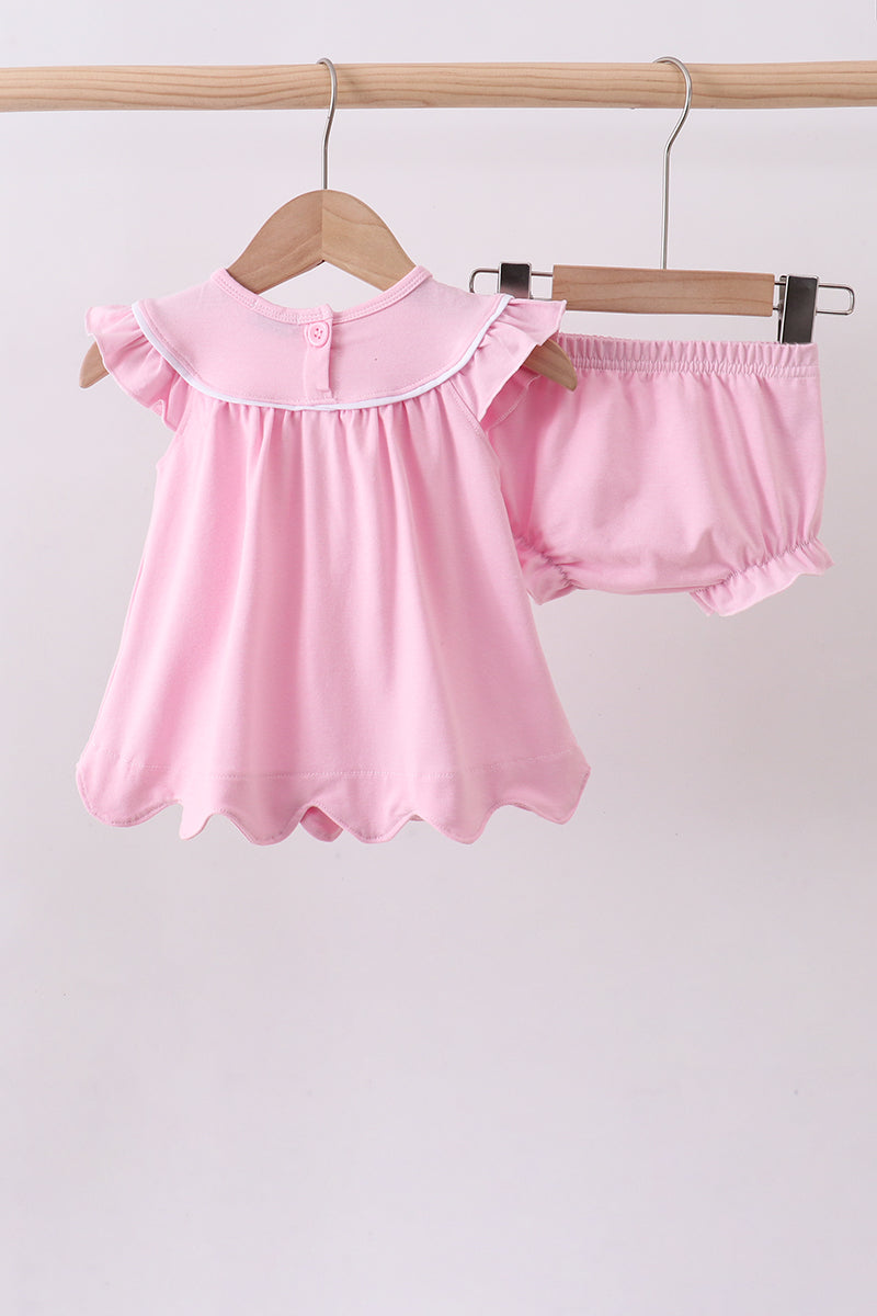 Pink litter sister embroidery ruffle bloomer set