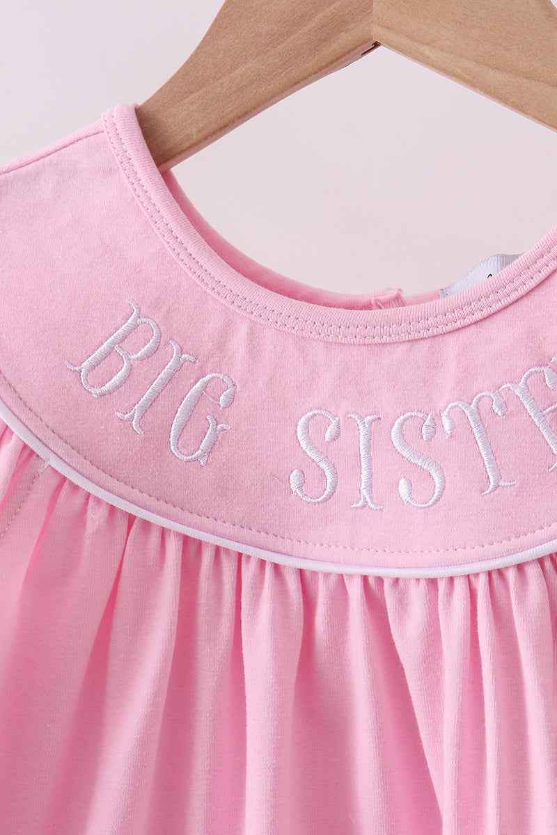 Pink big sister embroidery ruffle dress