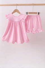 Pink big sister embroidery ruffle shorts set