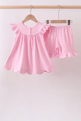 Pink big sister embroidery ruffle shorts set