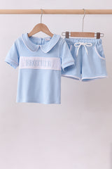 Blue brother embroidery pocket shorts set