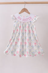 Floral print big sister smocked ruffle dress