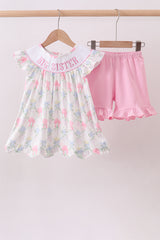 Floral print big sister smocked ruffle shorts set
