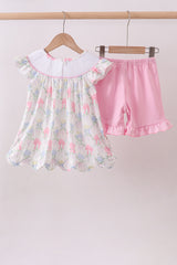 Floral print big sister smocked ruffle shorts set