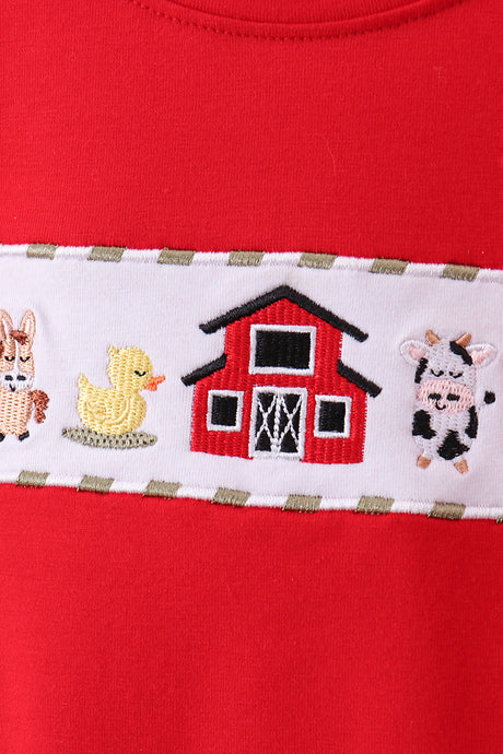Red seersucker farm animals embroidery shorts set