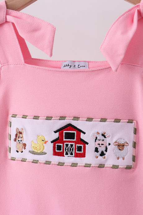 Pink seersucker farm animals embroidery ruffle shorts set