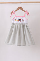 Pink seersucker farm animals embroidery ruffle dress