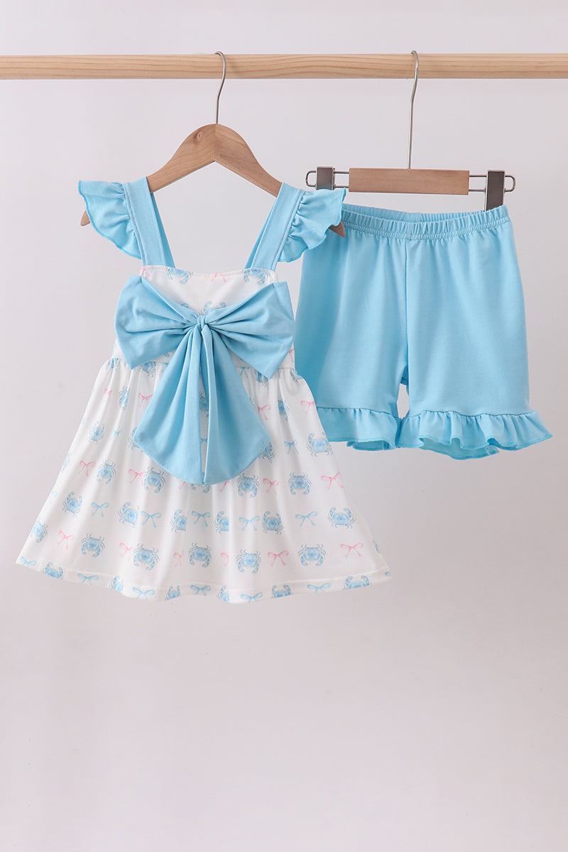 Blue crab print bow ruffle shorts set