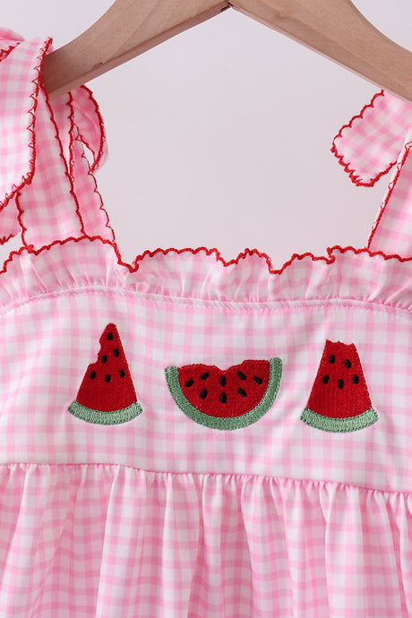 Pink watermelon embroidery shorts set