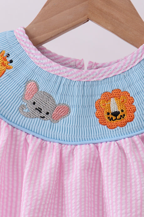 Pink seersucker animal smocked ruffle bubble