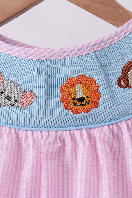 Pink seersucker animal smocked ruffle shorts set