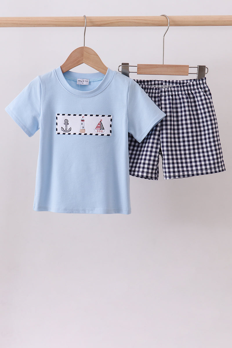 Blue sailboat embroidery gingham shorts set