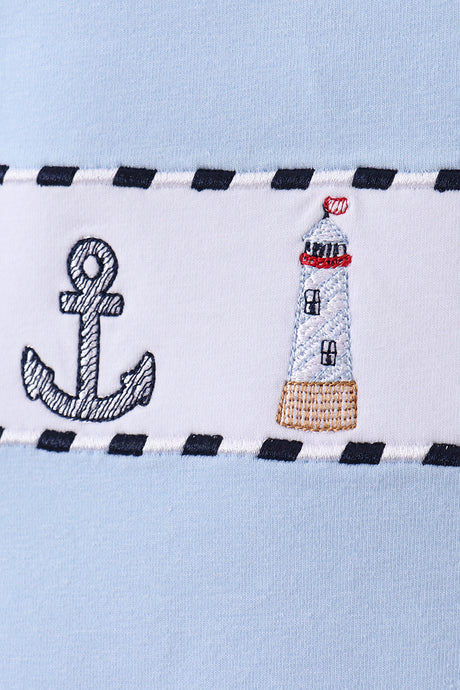 Blue sailboat embroidery gingham shorts set