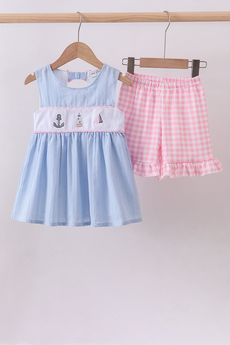 Blue sailboat embroidery jacquard shorts set
