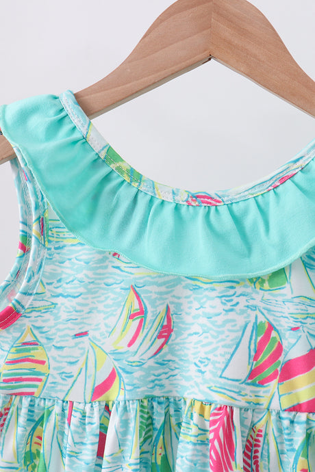 Blue sailboat print ruffle shorts set