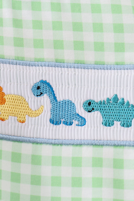 Green dinosaur smocked gingham bubble