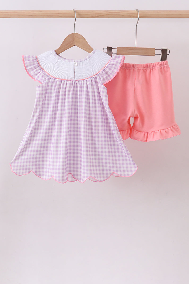 Purple dinosaur smocked gingham ruffle shorts set