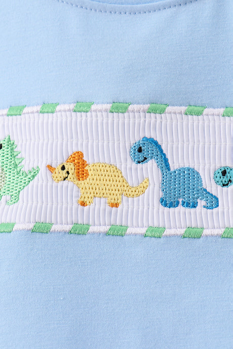 Blue dinosaur smocked gingham shorts set