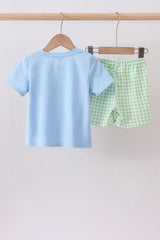 Blue dinosaur smocked gingham shorts set