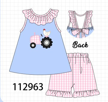 Blue tractor applique ruffle shorts set