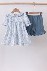 Navy bunny embroidery floral peter pan collar shorts set