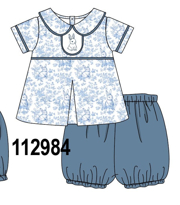 Navy bunny embroidery peter pan collar bloomer set