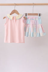Pink Floral Print Checkered Skorts Set
