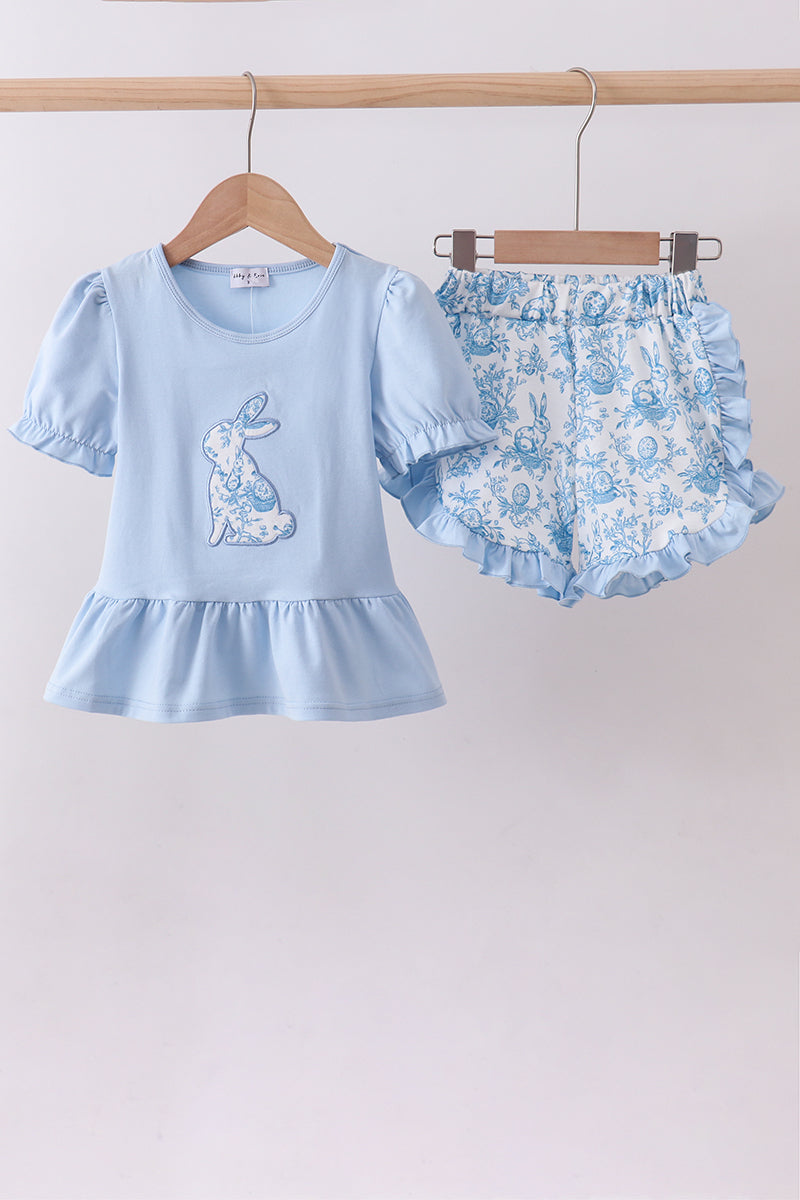 Blue bunny applique ruffle shorts set