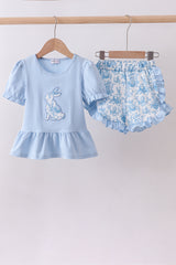 Blue bunny applique ruffle shorts set
