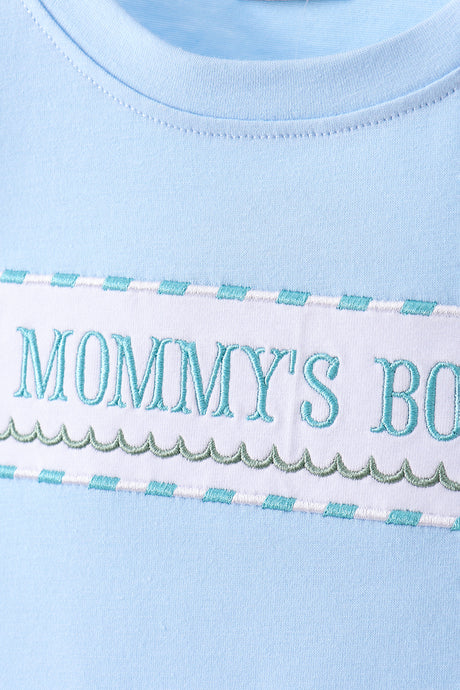 Blue mommy's boy embroidery gingham shorts set