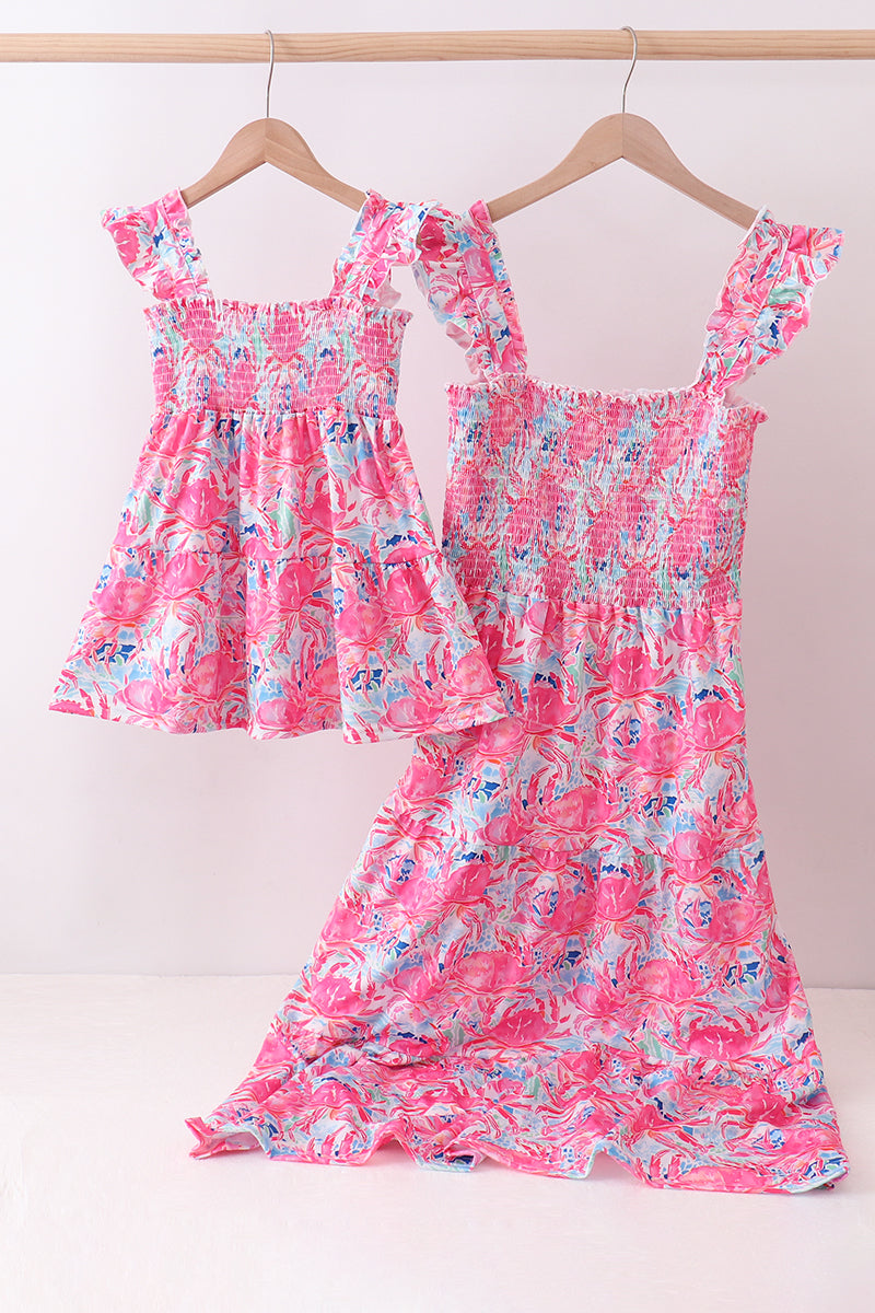 Pink floral smocked ruffle mom&me tiered dress