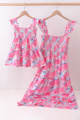 Pink floral smocked ruffle mom&me tiered dress
